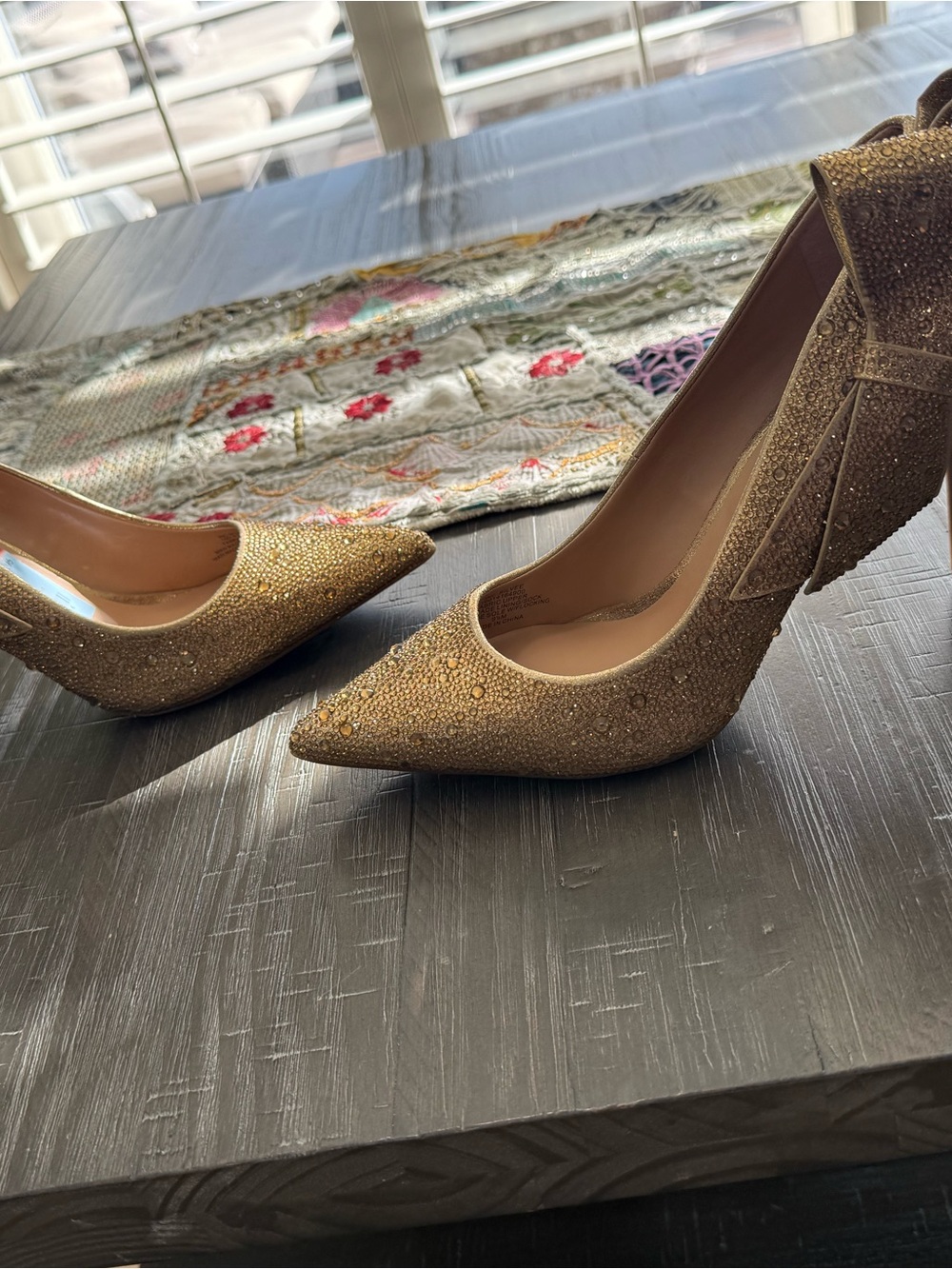 INC International Concepts Gold Sparkle Pointed Toe Heels with Bow